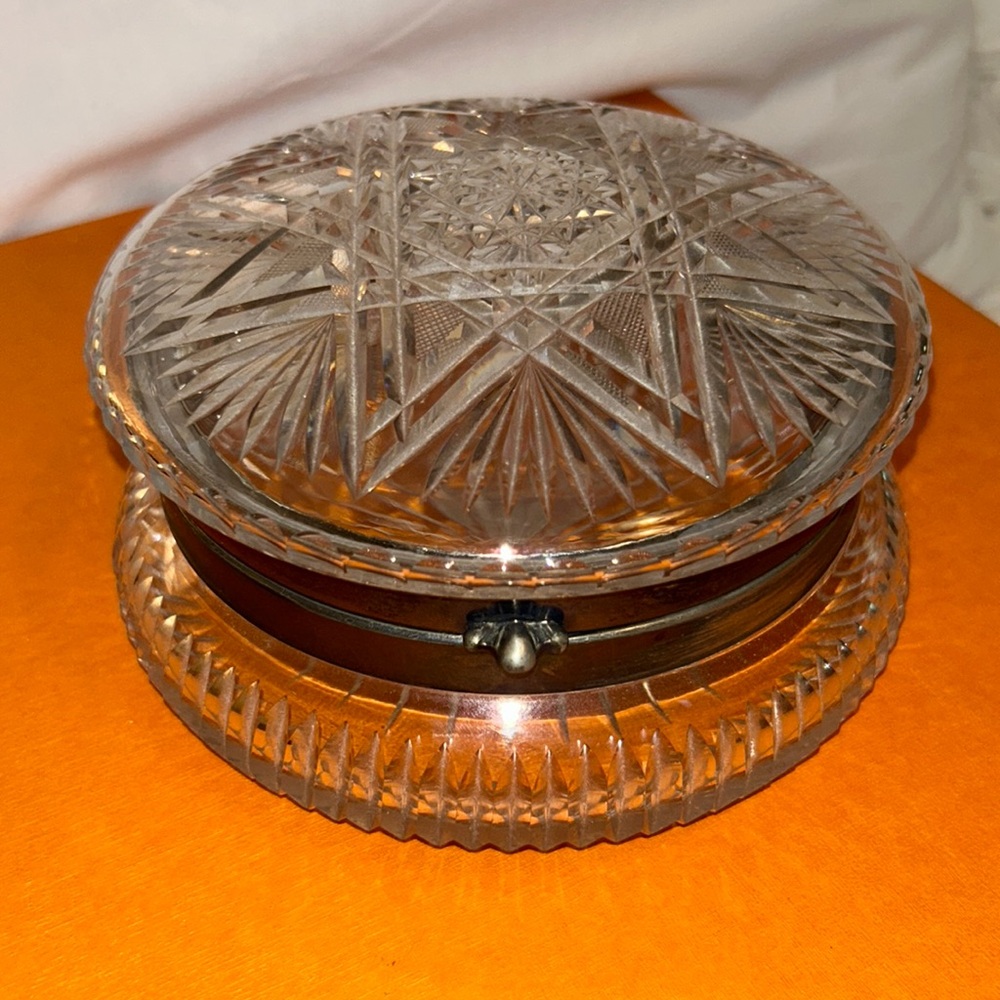 Large Vintage Cut Crystal Glass Box with Hinged Lid